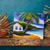 Plaque Photo Maison de plage blanche et eau bleue (Côté)