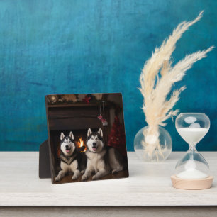 Plaque Photo Malamute en Alaska près de la cheminée Noël