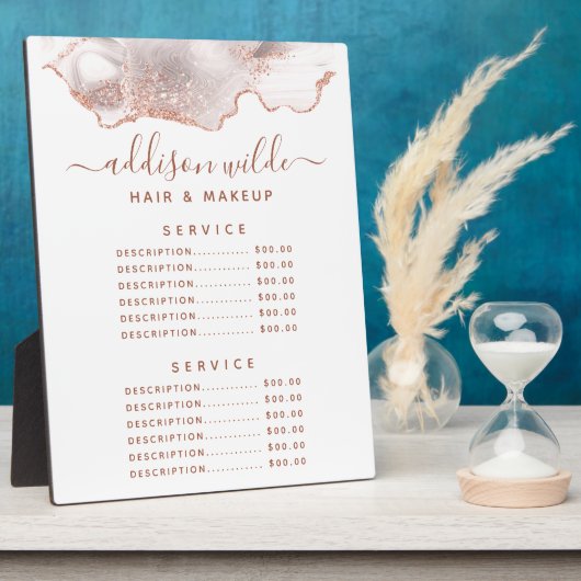 Plaque Photo Marbre blanc Chic Agate Rose Gold Prix Menu (Côté)