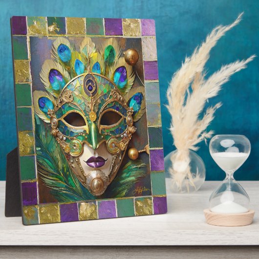 Plaque Photo Mardi Gras Gold Ceramic Peacock Feature Masque (Côté)