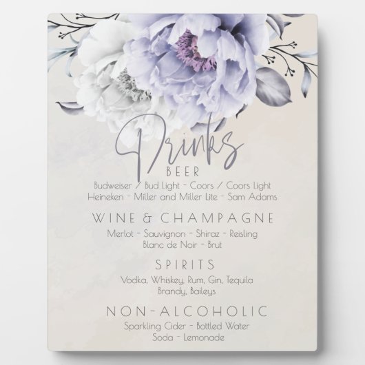 Plaque Photo Mariage | Menu Boissons Rustic Lilac Peonies (Devant)