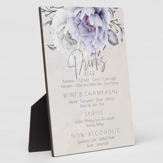 Plaque Photo Mariage | Menu Boissons Rustic Lilac Peonies (Côté)