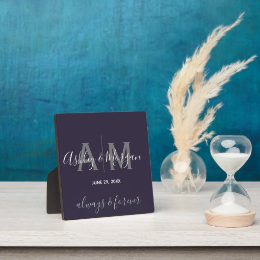 Plaque Photo Mariage moderne gris et bleu Monogramme Keepsaké (Insitu)