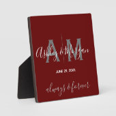 Plaque Photo Mariage moderne gris et rouge Monogramme Keepsaké (Recto)