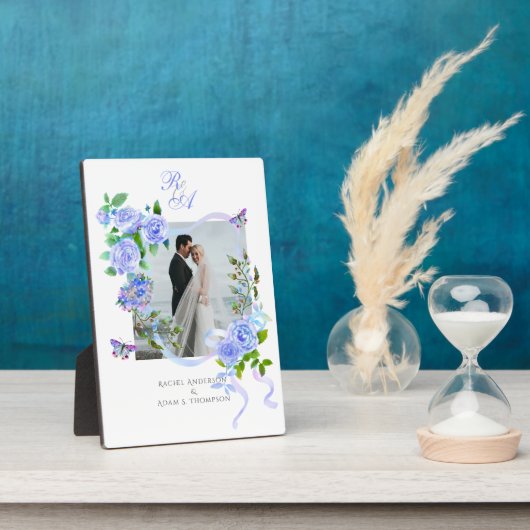 Plaque Photo Mariage photo Rose bleu ruban (Côté)