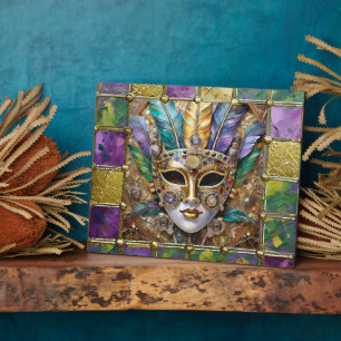 Plaque Photo Masque à plumes coloré en céramique et or Mardi Gr