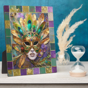 Plaque Photo Masque de plumes de paon vert et or de Mardi Gras