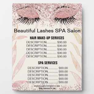 Plaque Photo Menu des prix du salon SPA avec strass rose et cil