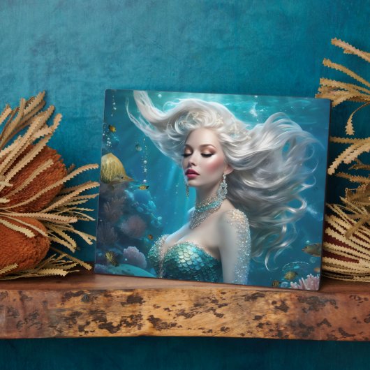 Plaque Photo Mermaid cheveux en argent Turquoise Océan (Côté)