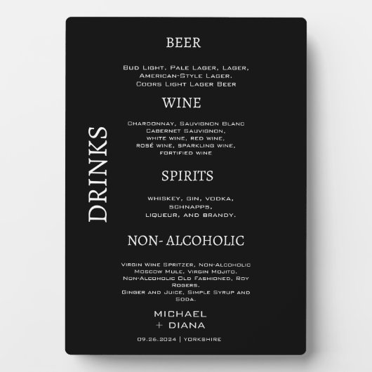 Plaque Photo Mini Script Bold Mariage Bar Boissons Noir (Devant)