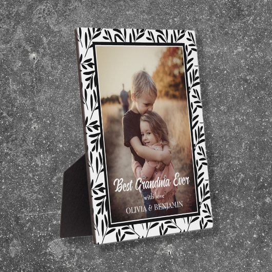 Plaque Photo Modern Black & White Floral Best Grandma Ever