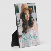 Plaque Photo Moderne Diplômé Turquoise Script Graduation Photo (Côté)