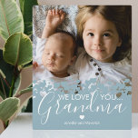 Plaque Photo Moderne Nous t'aimons Grand-mère Photo<br><div class="desc">Plaque photo personnalisée de grand-mère avec une photo de famille précieuse,  un design moderne de bordure cardiaque bleu poussiéreux,  le dicton "nous t'aimons grand-mère",  et les noms des enfants.</div>