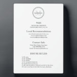Plaque Photo Monogram Hotel Guest Wifi et règles de l'hospitali<br><div class="desc">Appréciez l'expérience des clients de votre hôtel ou de votre établissement d'accueil grâce à notre Plaque d'accueil Monogram Hotel Guest Wifi and Rules. Cette plaque personnalisable sert de guide de référence rapide pour vos invités, fournissant des informations essentielles telles que le réseau Internet wifi et le mot de passe, les...</div>
