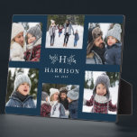 Plaque Photo Monogramme 6 photo collage nom de famille marine r<br><div class="desc">Un collage de six photos entoure une simple branches initiale et rustique avec un nom et une année. Fait un grand cadeau de gardien. Reportages de votre année,  le meilleur de votre séance photo de famille,  images de petits-enfants,  photos de mariage et plus encore sur cet écran bleu marine.</div>