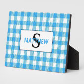 Plaque Photo Monogramme initial À damiers bleu et blanc avec no (Côté)