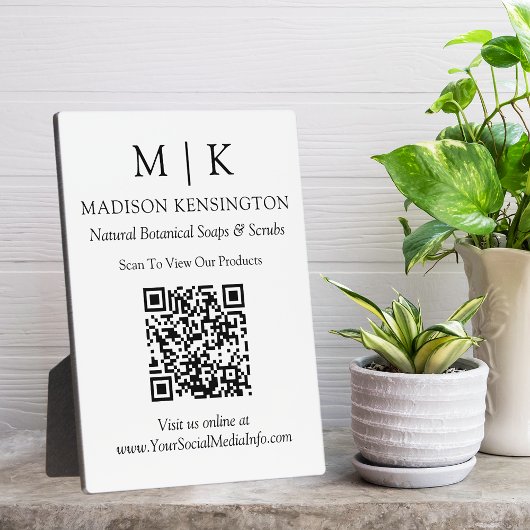 Plaque Photo Monogramme minimal ou ajout de logo Code QR profes