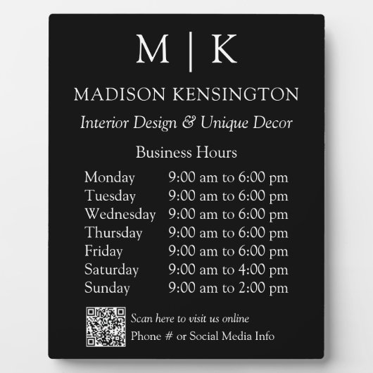 Plaque Photo Monogramme ou ajouter un logo Heures d'ouverture Q (Devant)