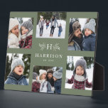 Plaque Photo Monographie rustique 6 photo collage nom de famill<br><div class="desc">Un collage de six photos entoure une simple branches initiale et rustique avec un nom et une année. Fait un grand cadeau de gardien. Reportages de votre année, le meilleur de votre séance photo de famille, photos de petits-enfants, photos de mariage et plus encore. L'arrière - plan vert sage peut...</div>