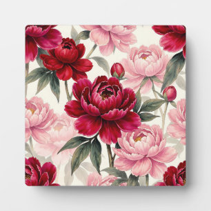 Plaque Photo Motif aquarelle floral de pivoine rouge foncé et r