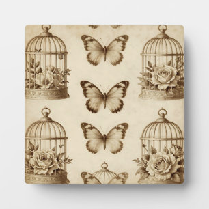 Plaque Photo Motif de cage à oiseaux papillon Rose rétro Sépia
