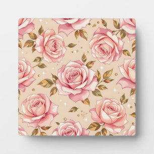 Plaque Photo Motif de roses roses et de feuilles dorées