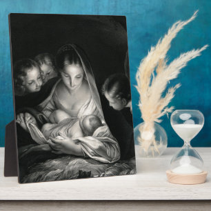 Plaque Photo Nativity Baby Jésus Virgin Mary Angels Black White