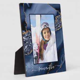 Plaque Photo Navy Blue Or Glitter Agate Elégant Nom Photo