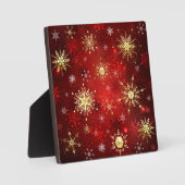 Plaque Photo Noël Golden Snowflakes sur Arrière - plan rouge (Recto)