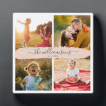 Plaque Photo Nom de famille personnalisé Instagram Photo Collag<br><div class="desc">Design moderne Insta facile à utiliser pour 4 photos préférées, personnalisation facile pour votre nom de famille personnalisé dans un script de brosse chic sur un pinceau rose vif, cette plaque de collage photo de keepsar est un cadeau de vacances pour tous les êtres chers : le design moderne est...</div>