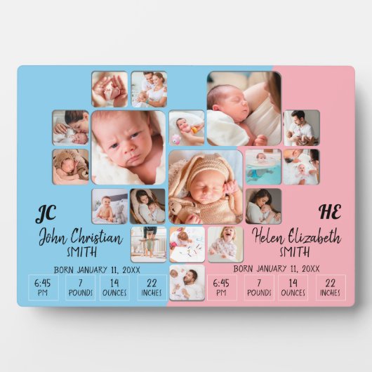 Plaque Photo Nouveau-né Twin Baby Stats Photo Collage Monogramm (Devant)