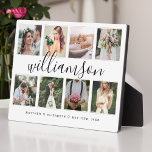 Plaque Photo Nouvelles mariées Mariage photo Collage de photos<br><div class="desc">Plaque de collage photo mariage personnalisée pour présenter vos propres photos et souvenirs mariages spéciaux. Notre design comprend un design simple 8 photo collage grille avec votre nom de famille conçu dans un style de script noir manuscrit. Chaque photo est encadrée d'une simple bordure décalée de couleur or. Customisez avec...</div>