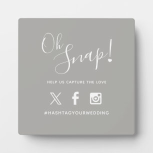Plaque Photo Oh snap hashtag mariage texte simple gris blanc