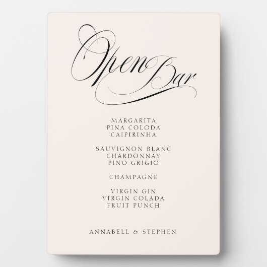 Plaque Photo Open Bar ! Moderne, Calligraphie, Beige (Devant)
