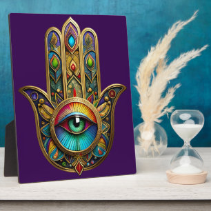 Plaque Photo Orné Hamsa Coloré Or Sur Fond Rouge Troisième Œil