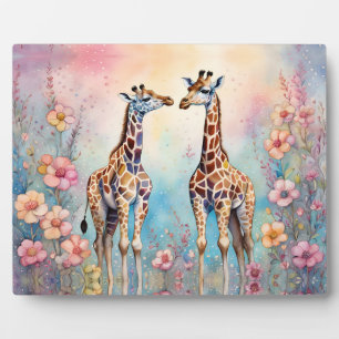 Plaque Photo Paire de girafes en amour dans un jardin pastel