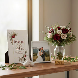 Plaque Photo Panneau de mariage floral aquarelle rouge et brume
