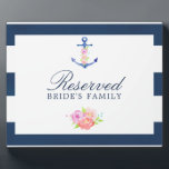 Plaque Photo Panneau réservé Mariage nautique floral aquarelle<br><div class="desc">Plaque de signalisation réservée branchée du mariage nautique avec ancrages floral aquarelle et rayures marines.</div>