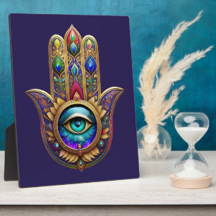 Plaque Photo Paon Doré Couleurs Hamsa Saphir Troisième Œil