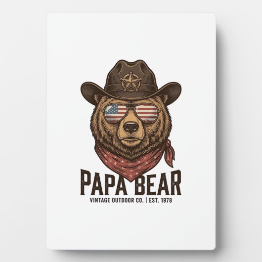 Plaque Photo Papa Bear Cowboy Bear Patriotic Vintage Vector Des (Devant)