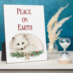 Plaque Photo Peace on Earth White Fox Holiday Tablett
