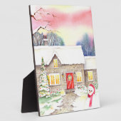 Plaque Photo Peinture à l'aquarelle de cottage enneigé (Côté)