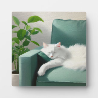 Plaque Photo Peinture de chat dormant sur un canapé vert