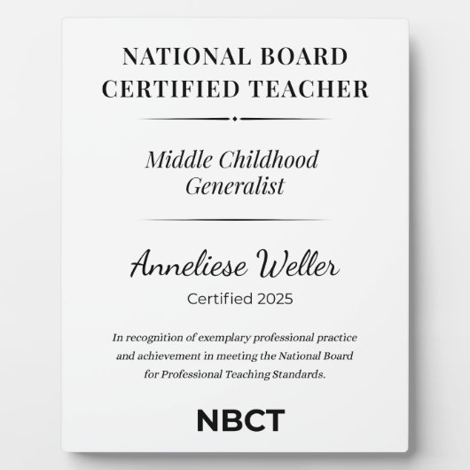 Plaque Photo Personalized NBCT Middle childhood generalist (Devant)
