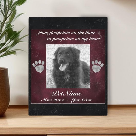 Plaque Photo Pet Memorial Red Black Marble Effect Silver Paws
