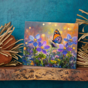 Plaque Photo Petit papillon sur des fleurs sauvages au lever du