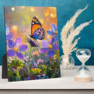 Plaque Photo Petit papillon sur des fleurs sauvages au lever du