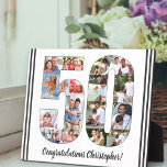 Plaque Photo Photo Collage Numéro 50 Anniversaire<br><div class="desc">50th Birthday Plaque - personnalisée avec un collage photo de vos photos préférées et texte personnalisé. Le modèle photo est configuré pour vous permettre d'ajouter vos photos, qui seront affichées sous la forme d'un chiffre 50, avec une fine ligne noire. On peut aussi customiser le libellé actuel, qui dit "Félicitations...</div>