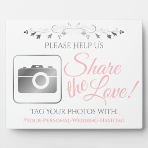 Plaque Photo Photo Mariage rose et gris Partager Hashtag