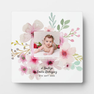 Plaque Photo Pink Floral Rose PHOTO BAUTIZO Baptism Girls Named